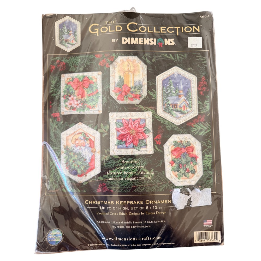 Dimensions Gold Collection 8660 Christmas Ornament Kit Set of 6 Ivory New Sealed